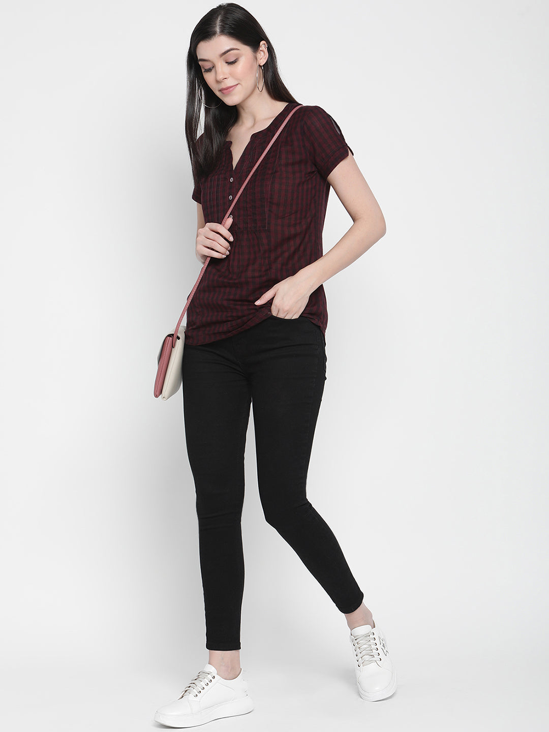 PORSORTE Women's 100% Cotton Dyed checks Wine Shirt
