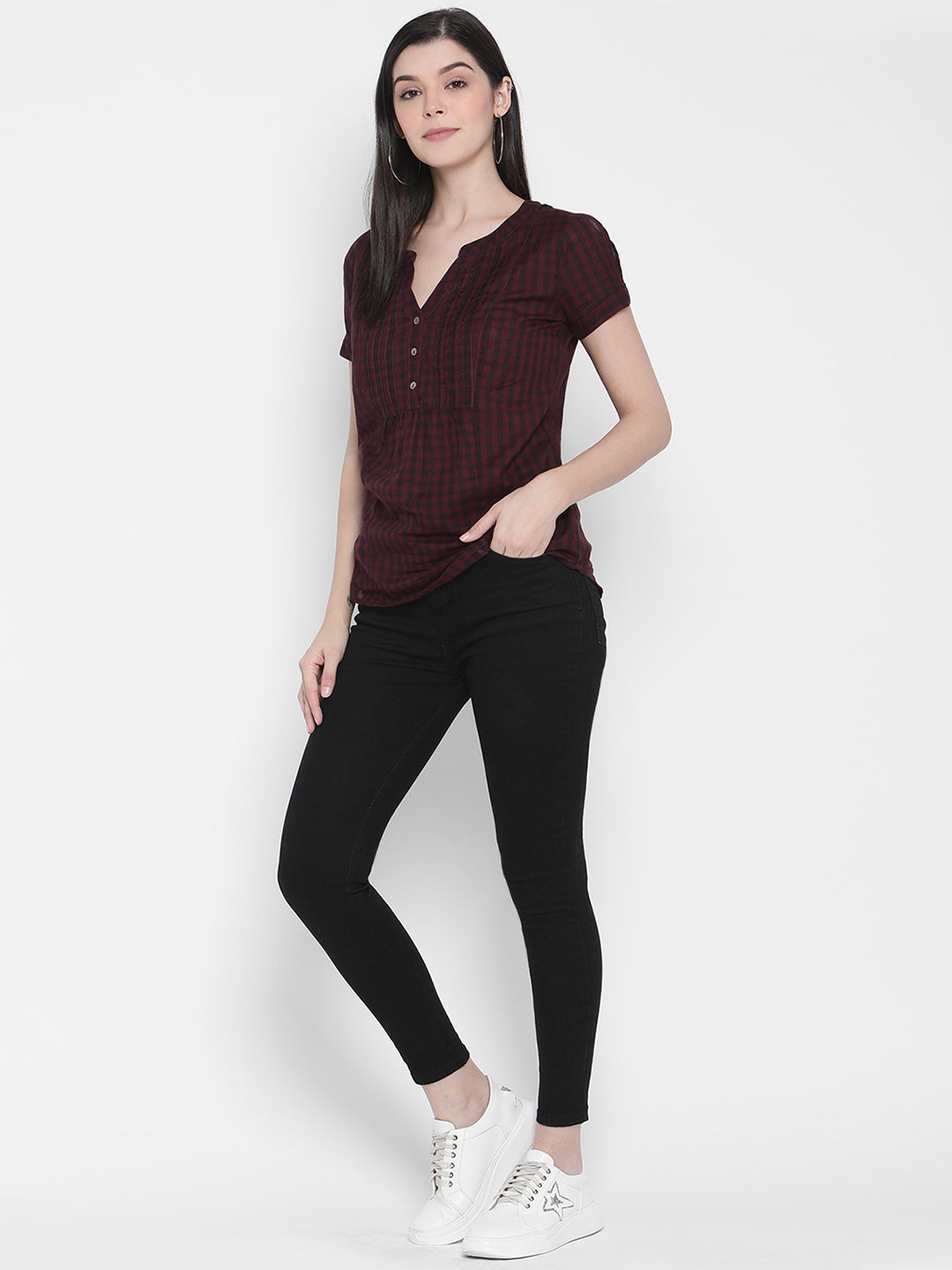 PORSORTE Women's 100% Cotton Dyed checks Wine Shirt