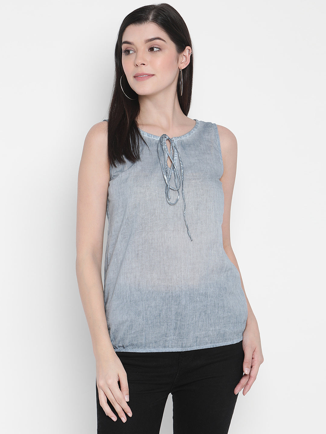 Porsorte Womens Denim Blue Cotton Voile Sleeveless Top