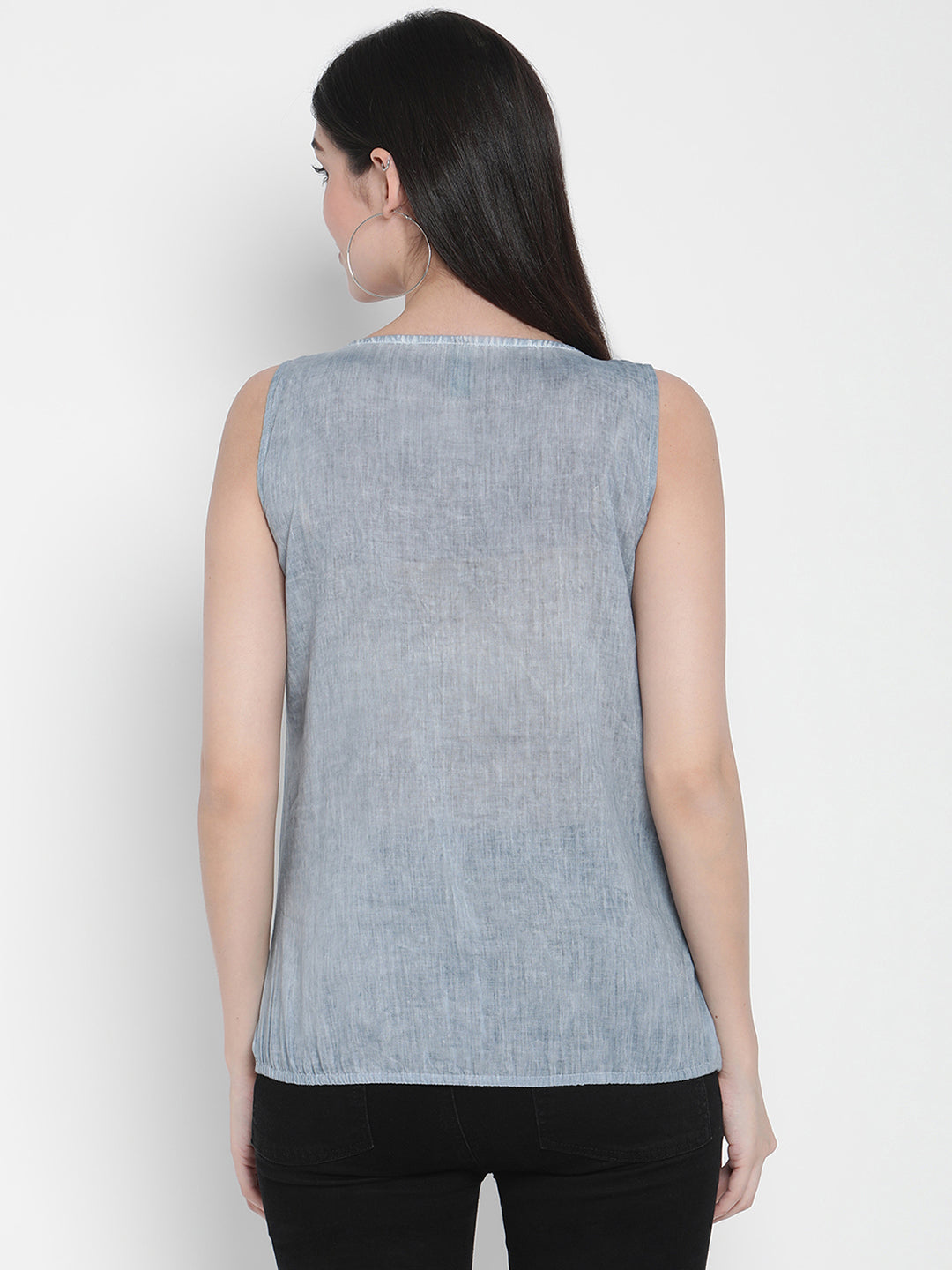 Porsorte Womens Denim Blue Cotton Voile Sleeveless Top