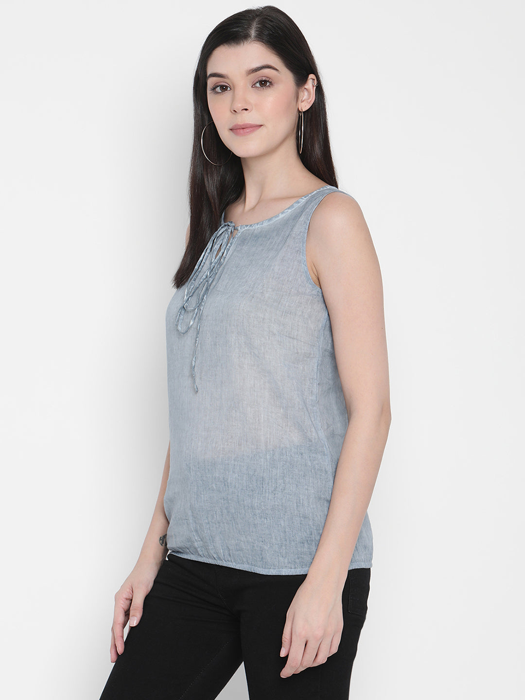 Porsorte Womens Denim Blue Cotton Voile Sleeveless Top