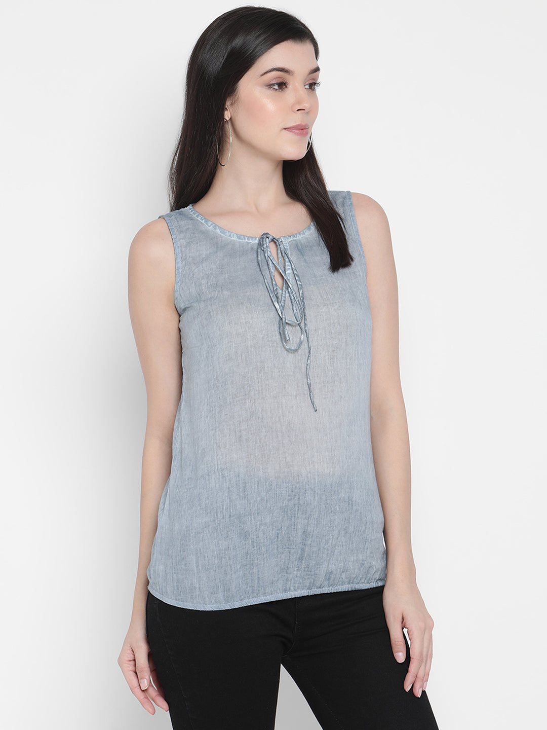 Porsorte Womens Denim Blue Cotton Voile Sleeveless Top