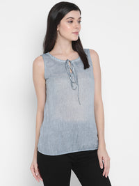 Porsorte Womens Denim Blue Cotton Voile Sleeveless Top