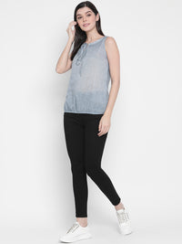 Porsorte Womens Denim Blue Cotton Voile Sleeveless Top