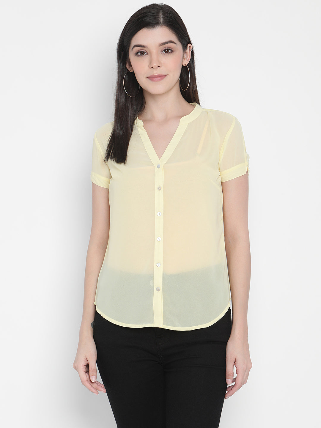 Porsorte Womens Yellow Polyester Georgette Short Sleeve Shirt Top