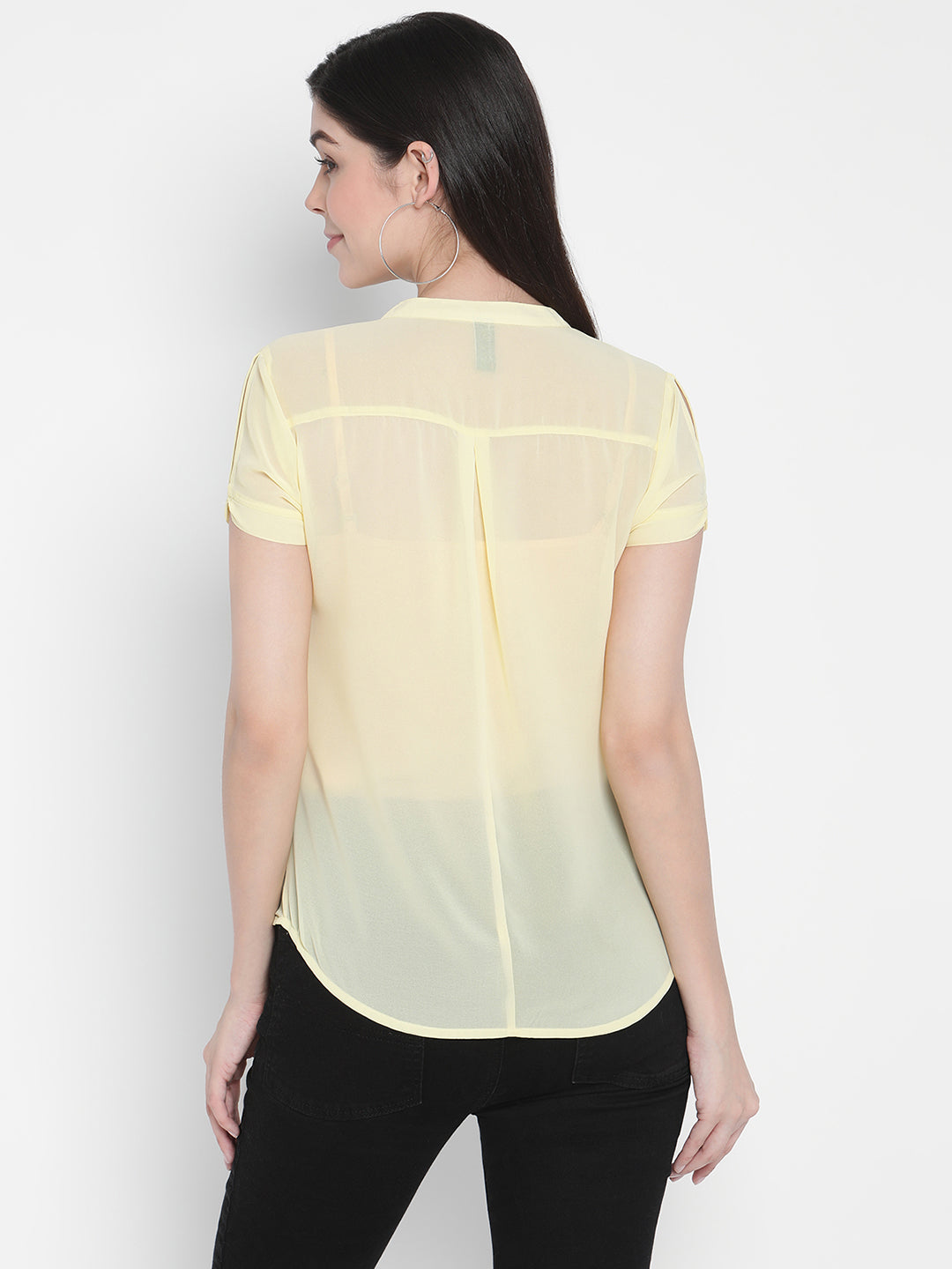 Porsorte Womens Yellow Polyester Georgette Short Sleeve Shirt Top