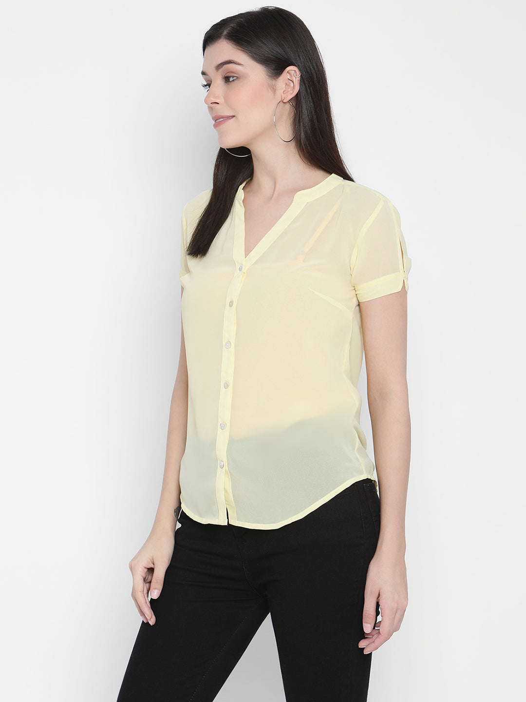 Porsorte Womens Yellow Polyester Georgette Short Sleeve Shirt Top