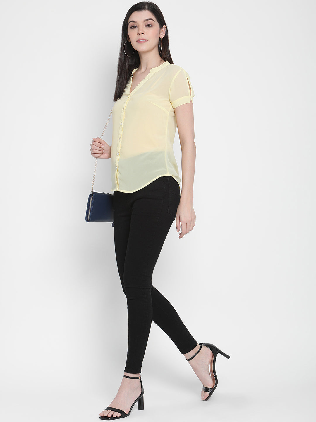 Porsorte Womens Yellow Polyester Georgette Short Sleeve Shirt Top