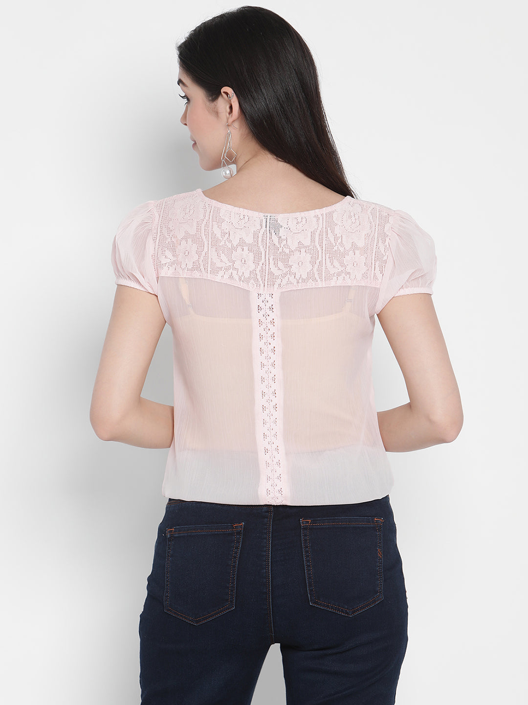 Porsorte Womens Light Pink Poly Chiffon Lace Detailing Top