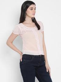Porsorte Womens Light Pink Poly Chiffon Lace Detailing Top