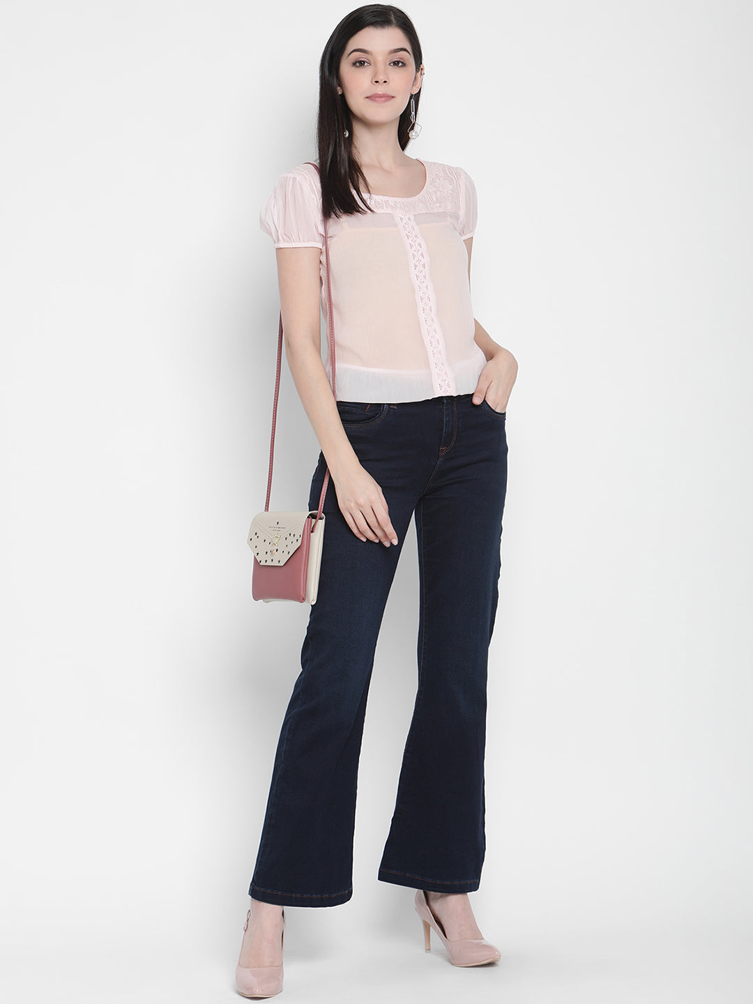 Porsorte Womens Light Pink Poly Chiffon Lace Detailing Top
