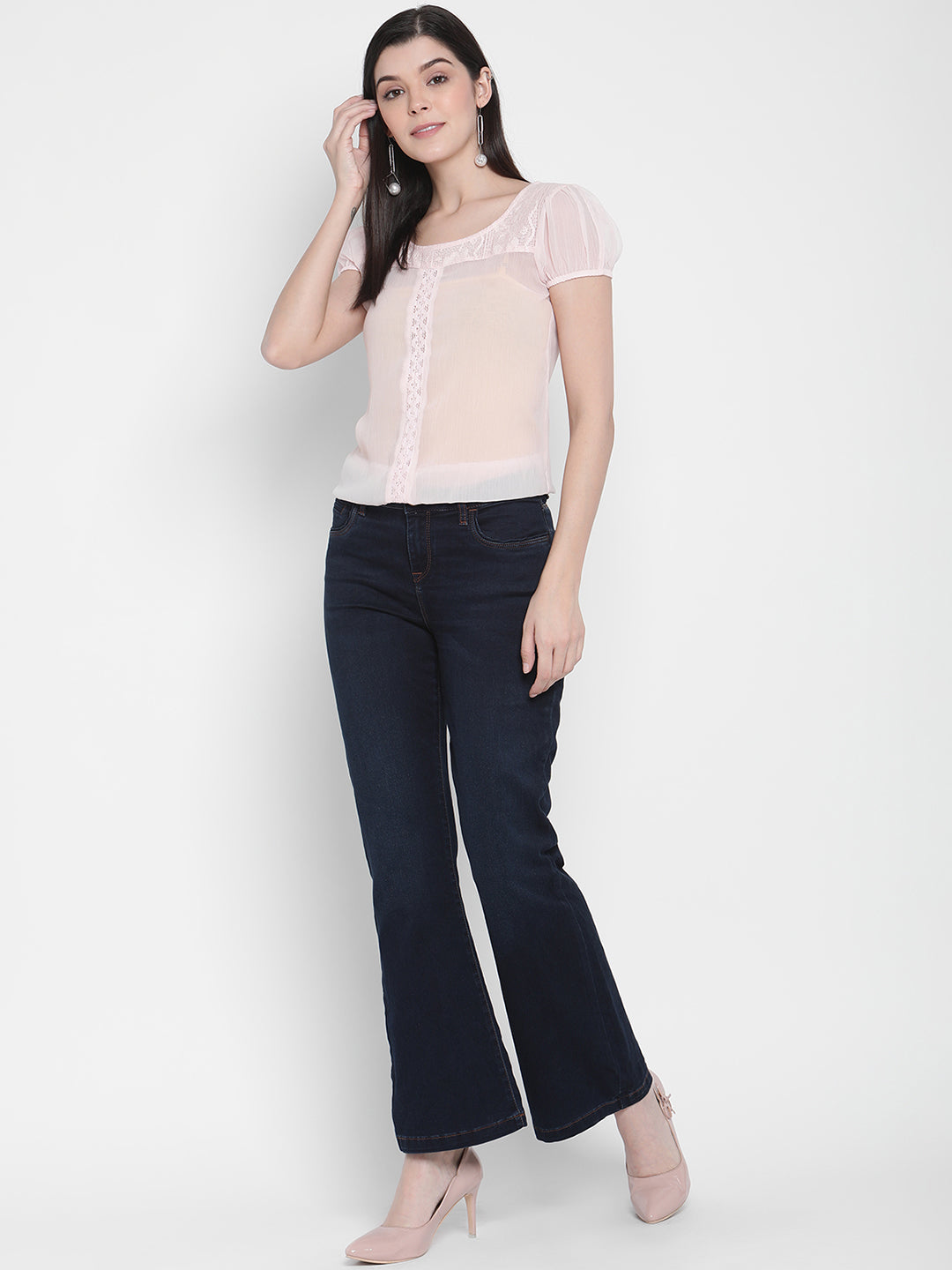 Porsorte Womens Light Pink Poly Chiffon Lace Detailing Top