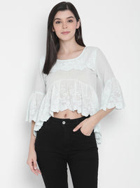 Porsorte Womens Cotton embroidery Bell Sleeve Light Blue Top