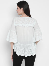 Porsorte Womens Cotton embroidery Bell Sleeve Light Blue Top