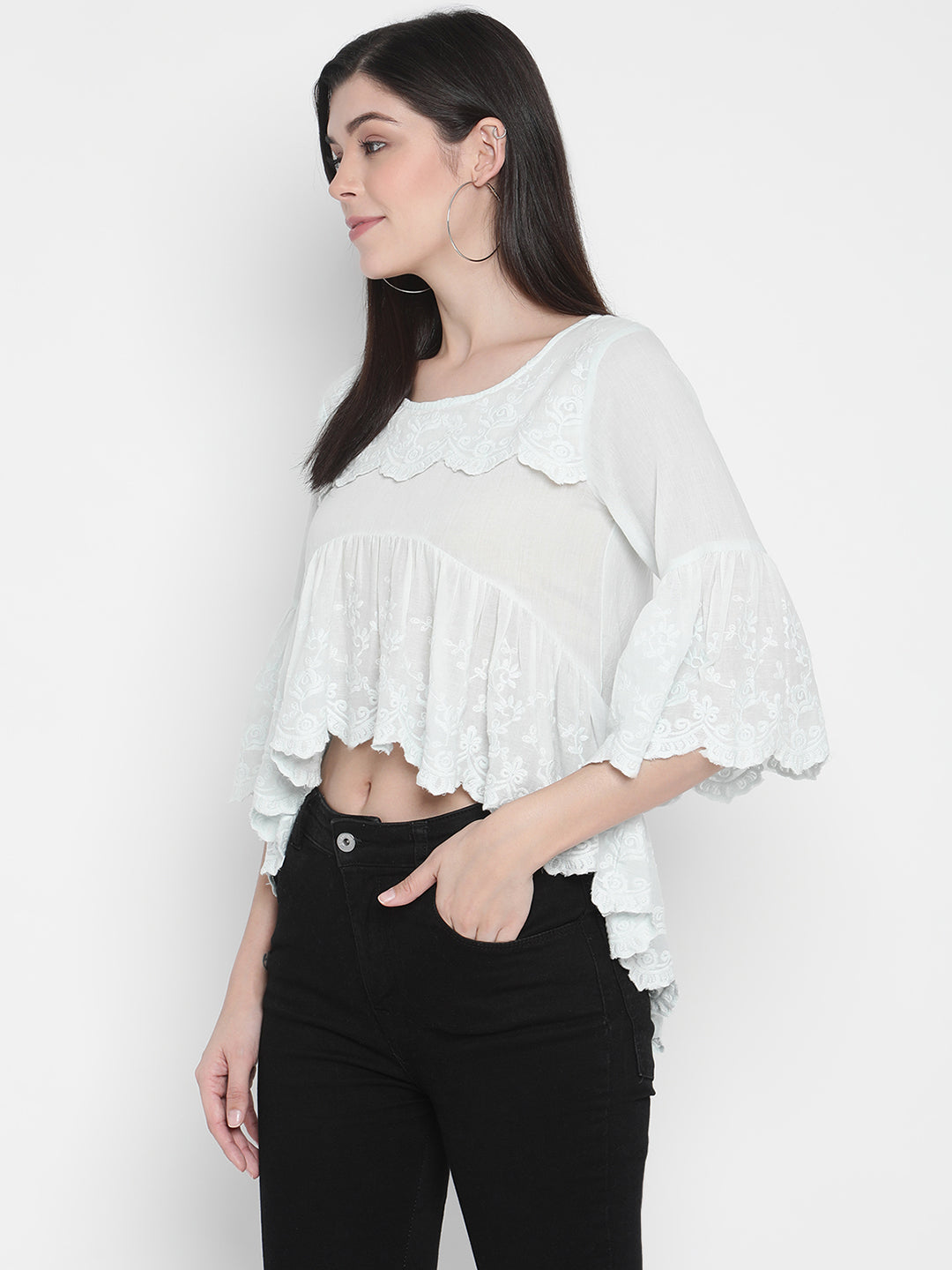 Porsorte Womens Cotton embroidery Bell Sleeve Light Blue Top