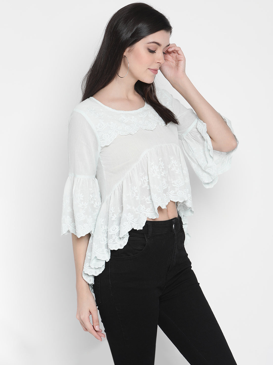 Porsorte Womens Cotton embroidery Bell Sleeve Light Blue Top