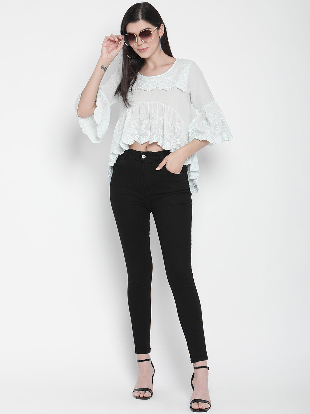 Porsorte Womens Cotton embroidery Bell Sleeve Light Blue Top