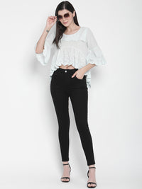 Porsorte Womens Cotton embroidery Bell Sleeve Light Blue Top