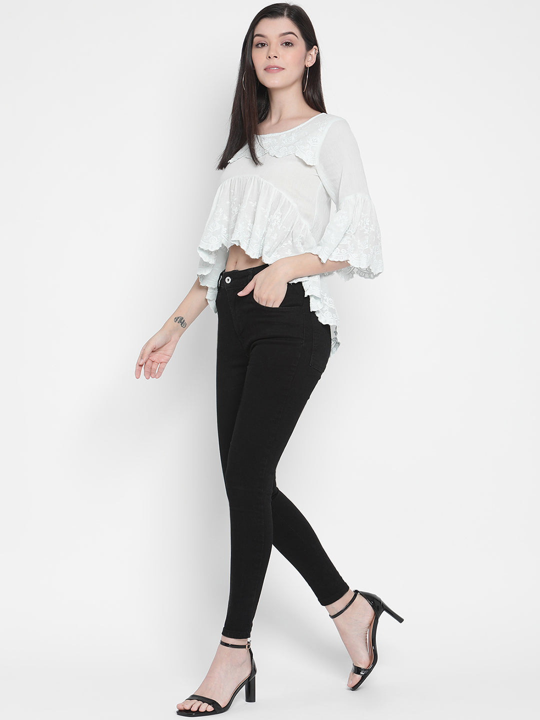 Porsorte Womens Cotton embroidery Bell Sleeve Light Blue Top