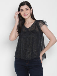 Porsorte Womens Polyester Mesh Sheer Navy Blue Top