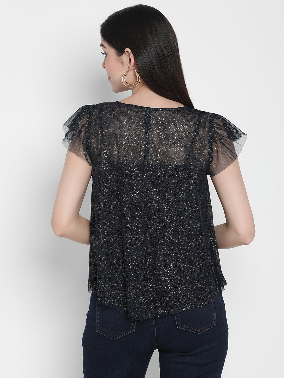 Porsorte Womens Polyester Mesh Sheer Navy Blue Top