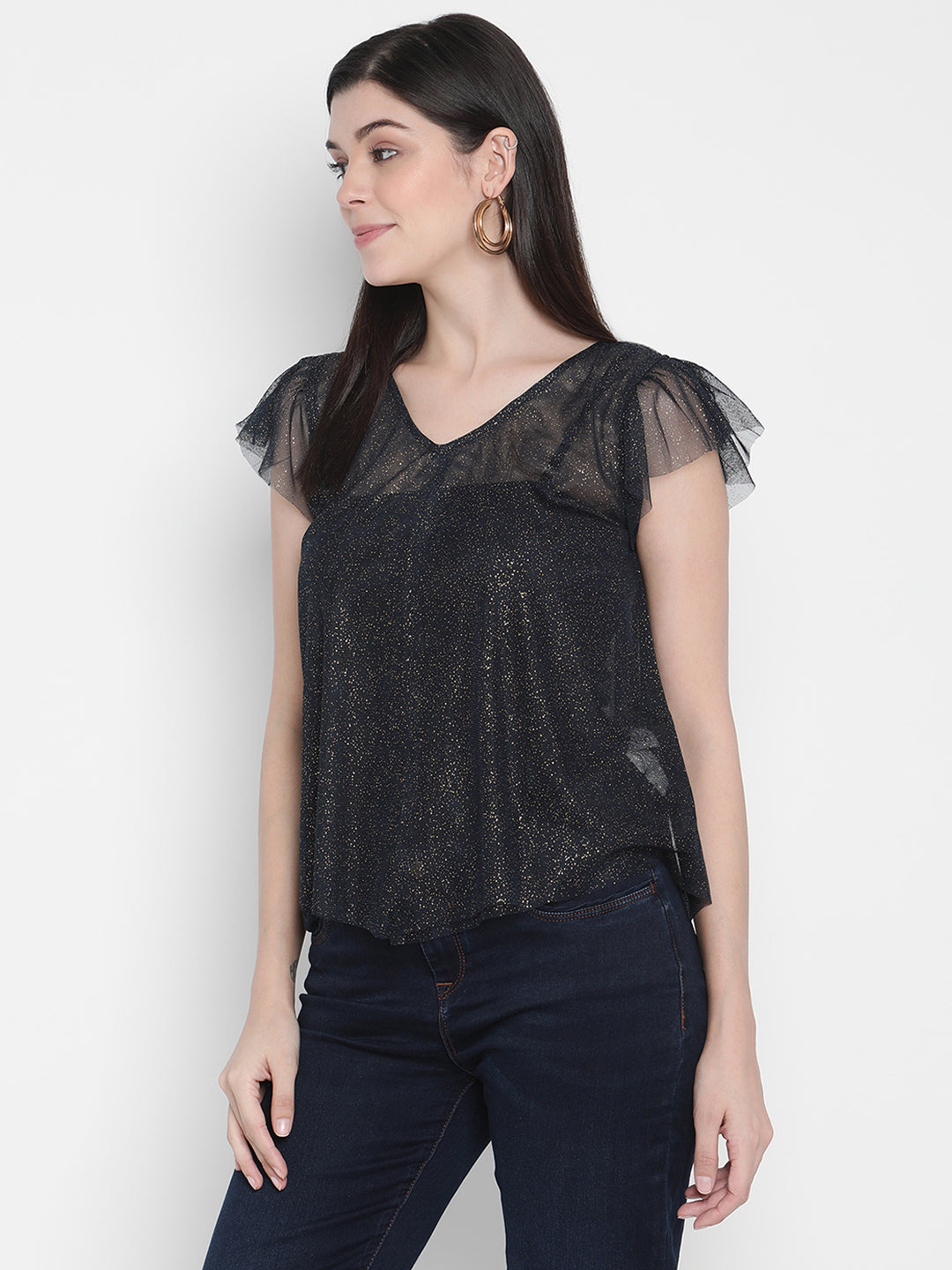 Porsorte Womens Polyester Mesh Sheer Navy Blue Top