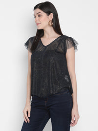 Porsorte Womens Polyester Mesh Sheer Navy Blue Top