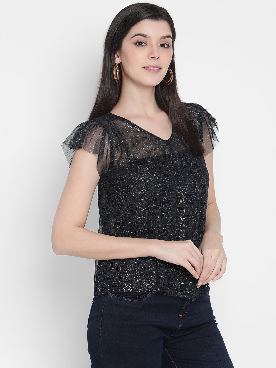 Porsorte Womens Polyester Mesh Sheer Navy Blue Top