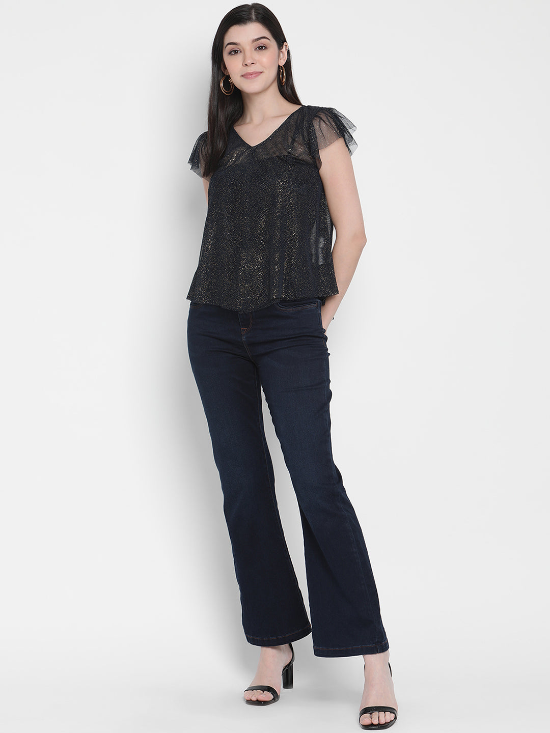 Porsorte Womens Polyester Mesh Sheer Navy Blue Top