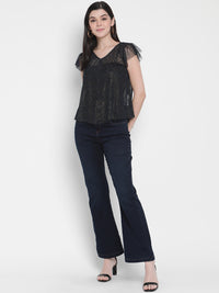 Porsorte Womens Polyester Mesh Sheer Navy Blue Top