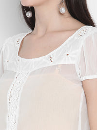 Porsorte Womens White Poly Chiffon Crochet Embroidery  Top