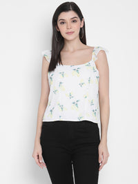Porsorte Womens Poly Georgette Lemon Print Strappy flared Top