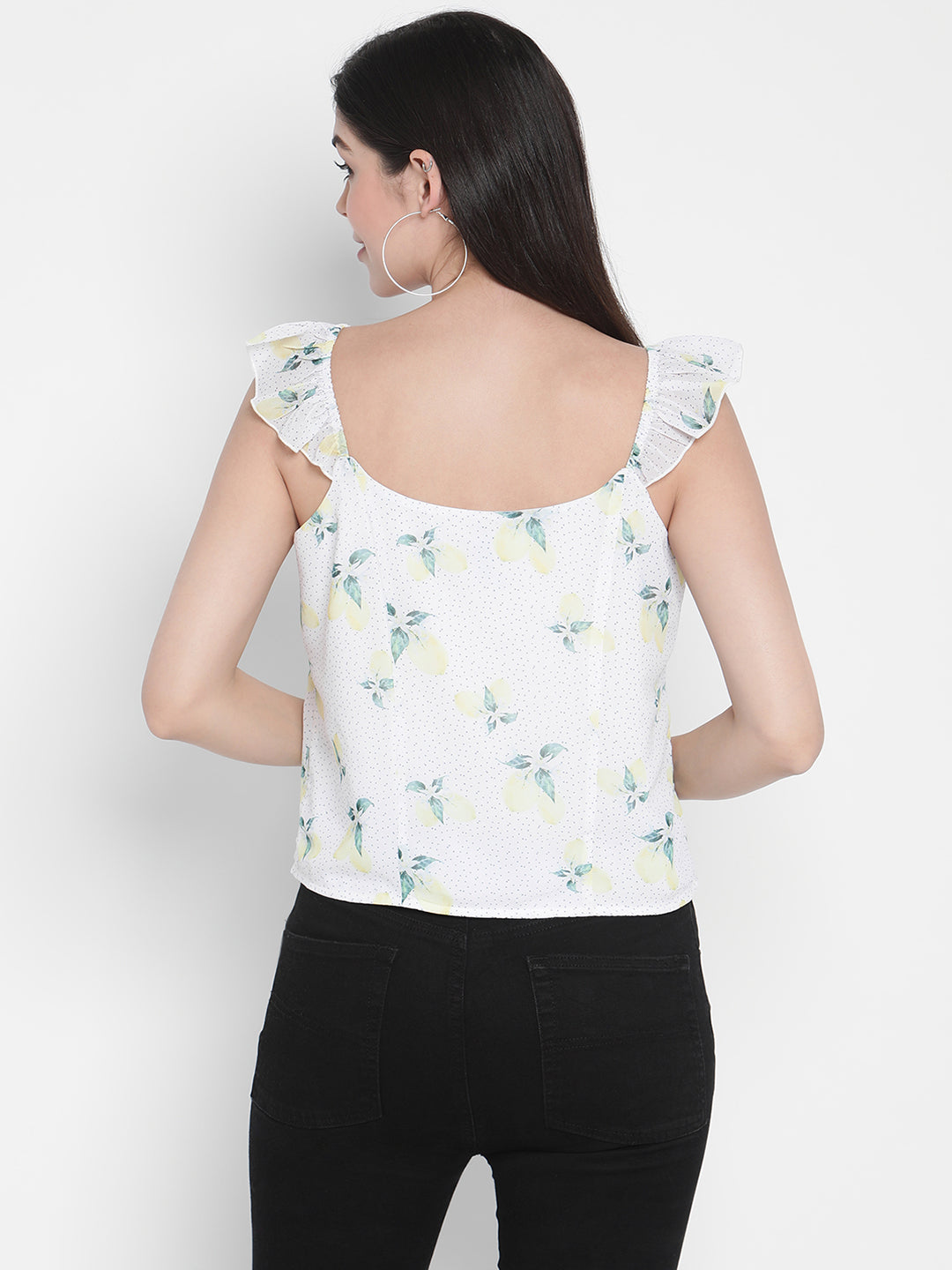 Porsorte Womens Poly Georgette Lemon Print Strappy flared Top