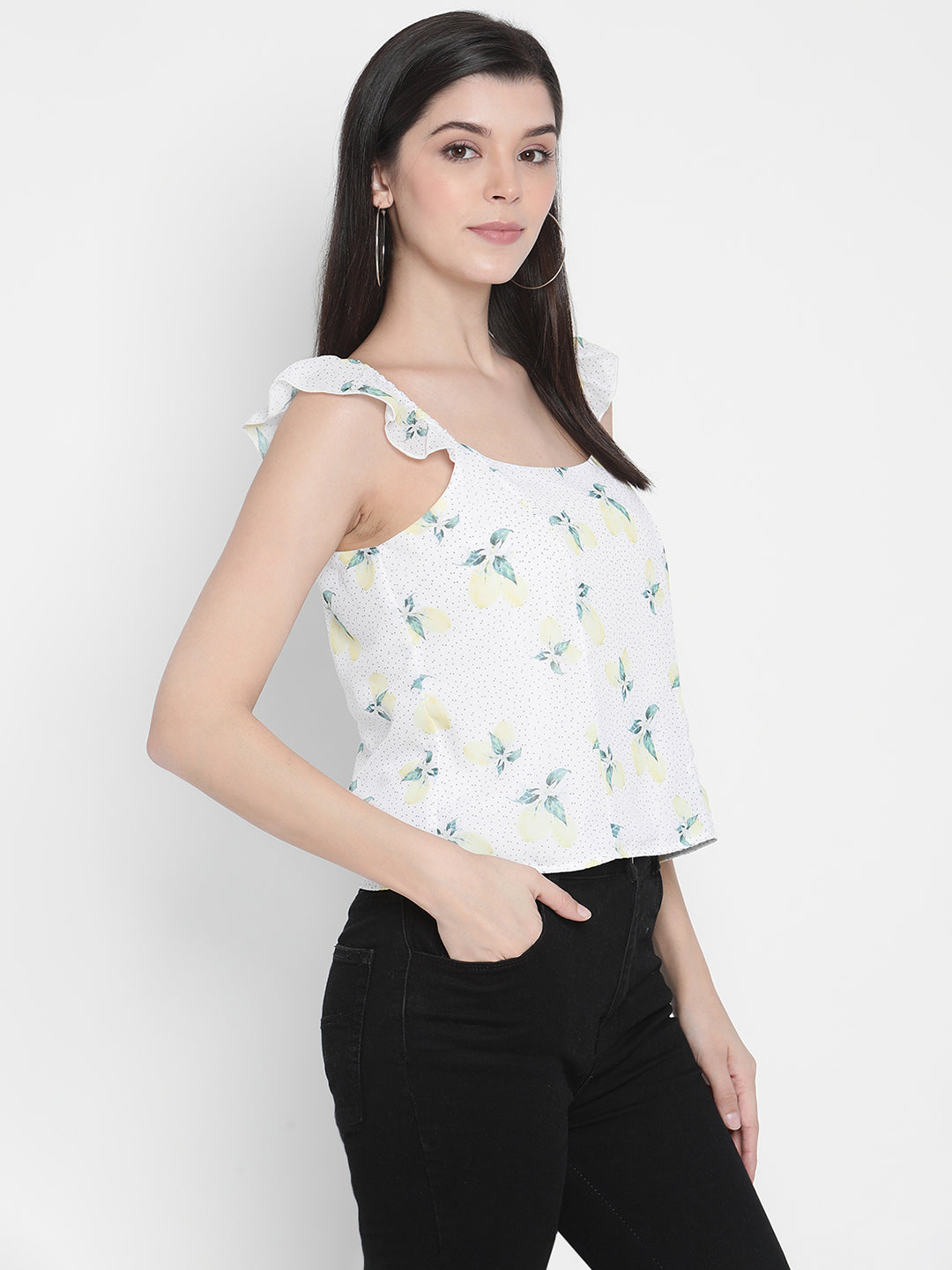 Porsorte Womens Poly Georgette Lemon Print Strappy flared Top
