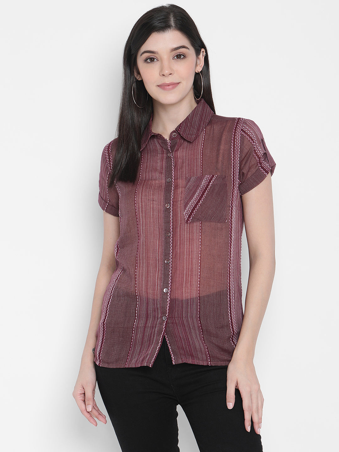 PORSORTE Women's 100% Cotton Striped Wine Shirt