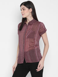 PORSORTE Women's 100% Cotton Striped Wine Shirt