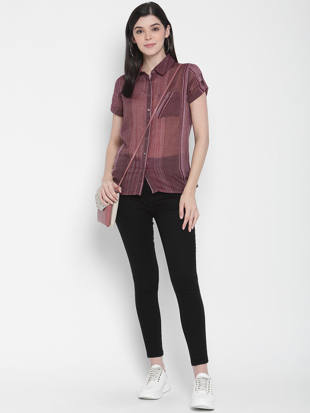PORSORTE Women's 100% Cotton Striped Wine Shirt