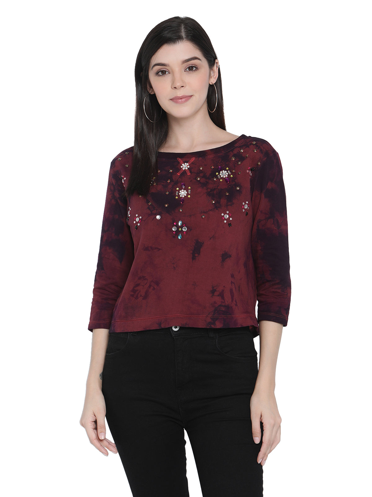 PORSORTE Women's Cotton Fleece 3/4Sleeve Wine Top