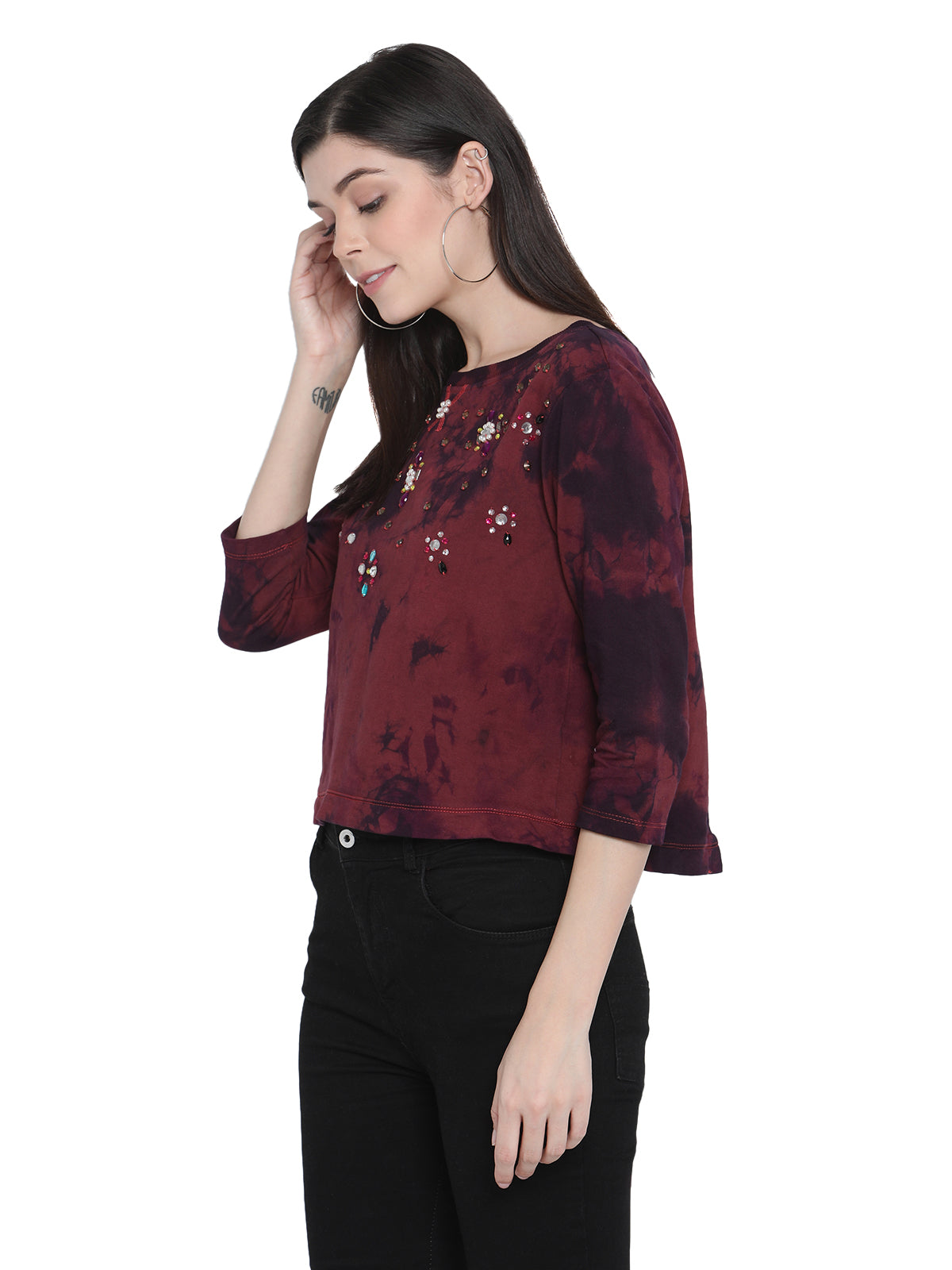 PORSORTE Women's Cotton Fleece 3/4Sleeve Wine Top
