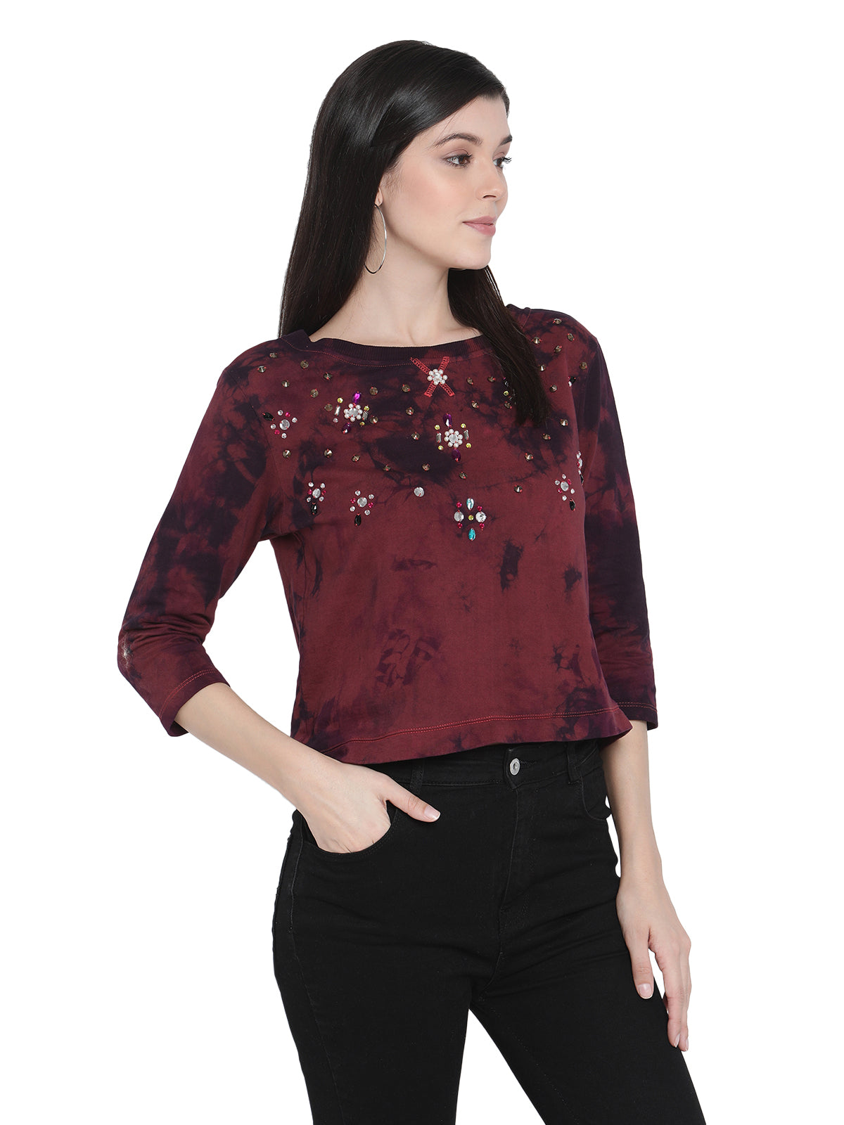PORSORTE Women's Cotton Fleece 3/4Sleeve Wine Top