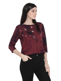 PORSORTE Women's Cotton Fleece 3/4Sleeve Wine Top