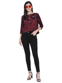 PORSORTE Women's Cotton Fleece 3/4Sleeve Wine Top