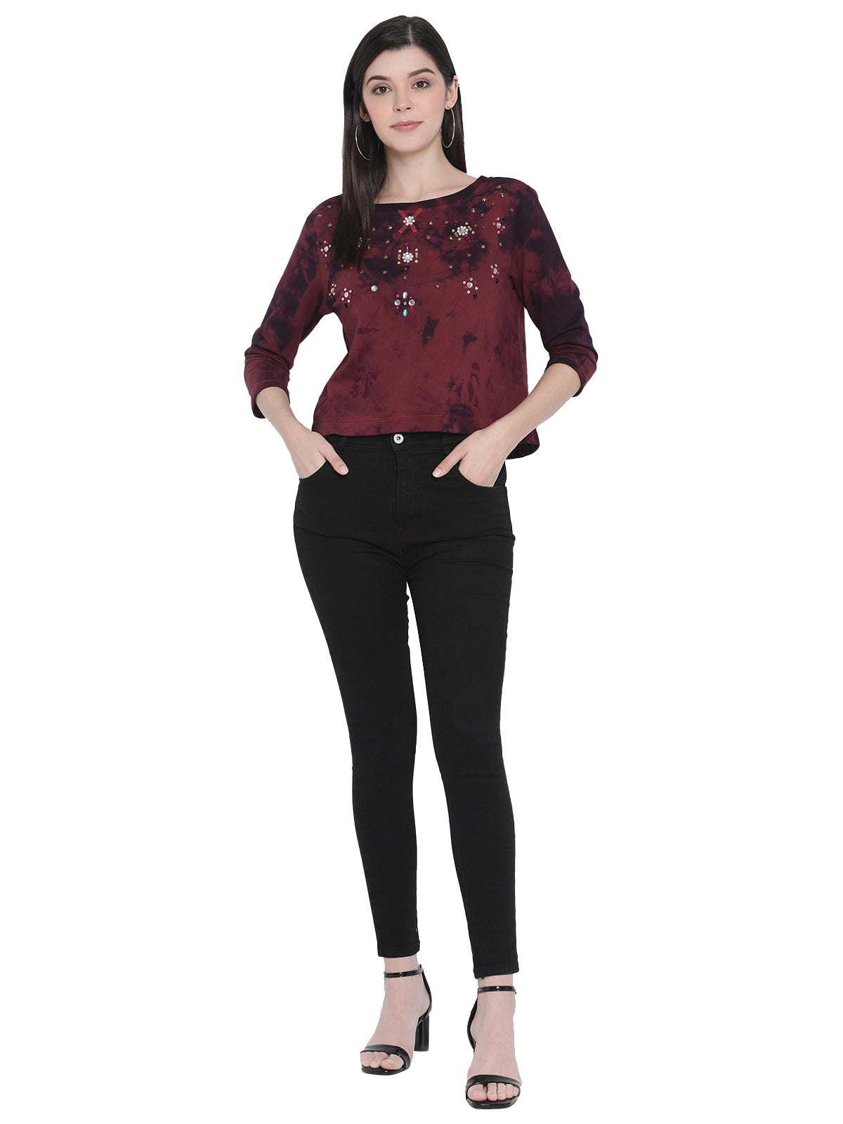 PORSORTE Women's Cotton Fleece 3/4Sleeve Wine Top