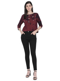 PORSORTE Women's Cotton Fleece 3/4Sleeve Wine Top