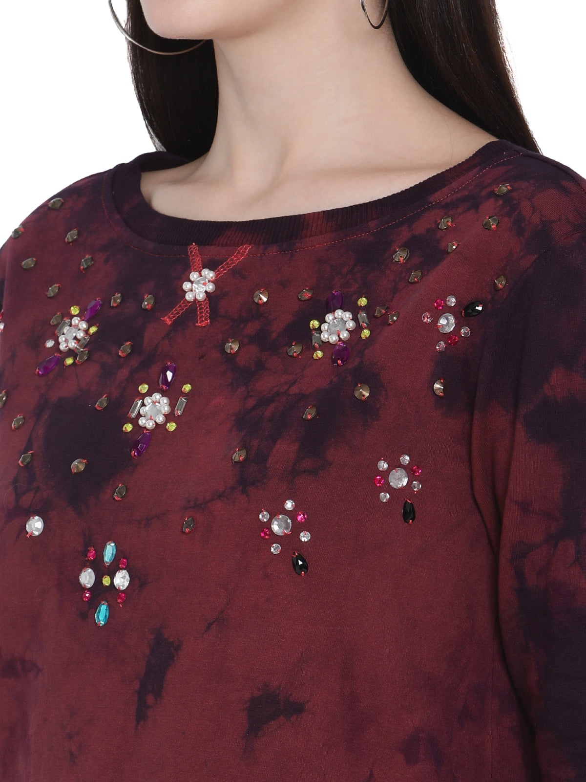 PORSORTE Women's Cotton Fleece 3/4Sleeve Wine Top