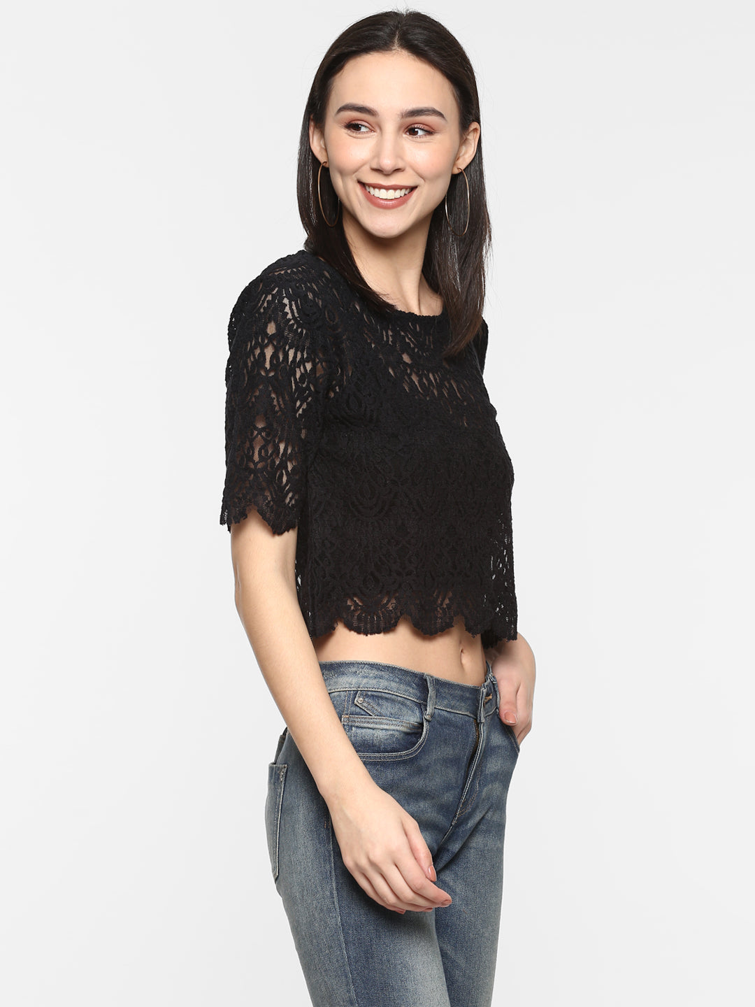 Porsorte Women Black Net Lace  Crop Top
