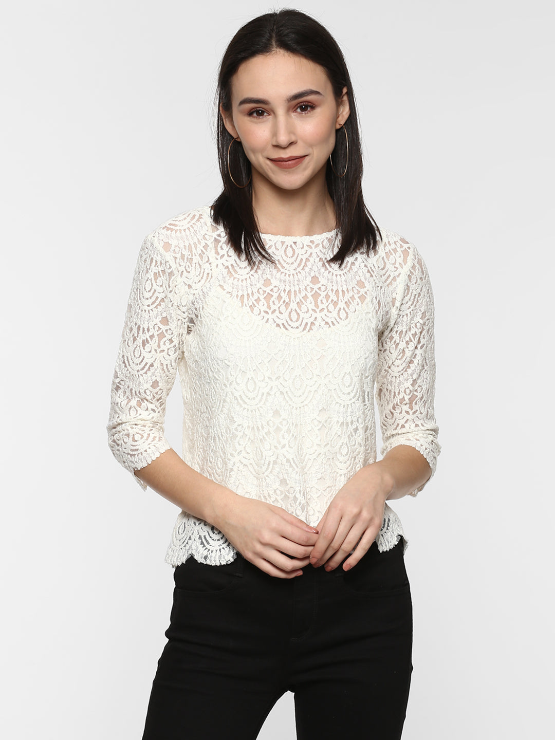 Porsorte Women White  Net Lace Sheer Top