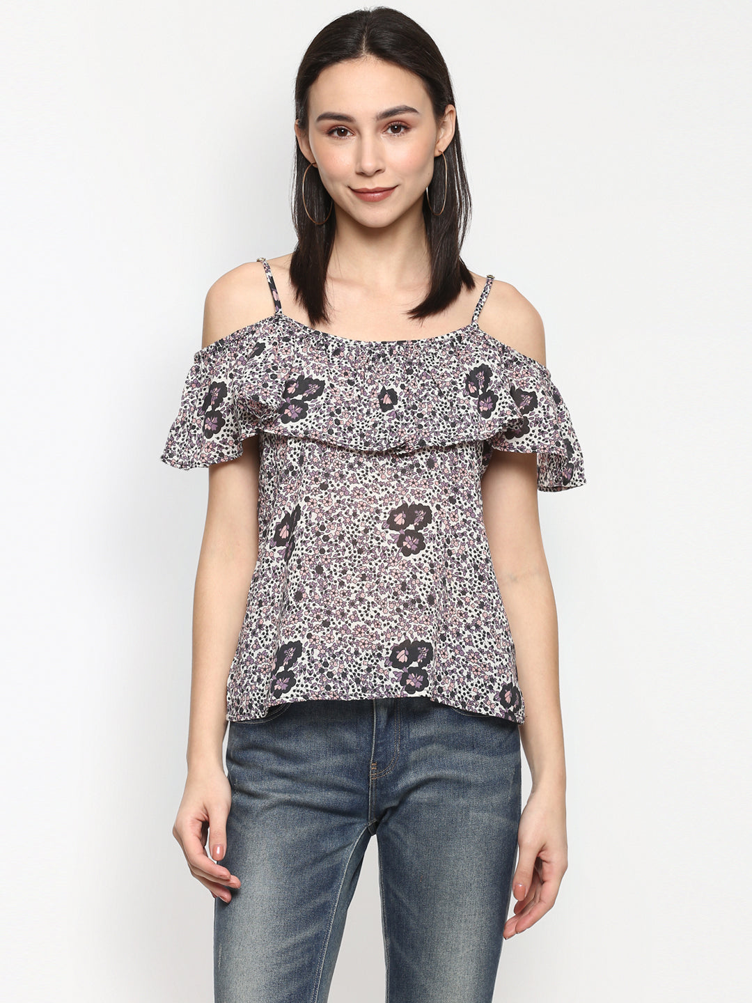 Porsorte Women Printed Floral Cold Shoulder Top