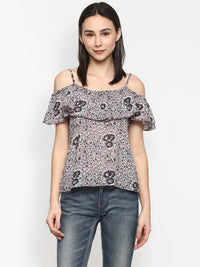 Porsorte Women Printed Floral Cold Shoulder Top