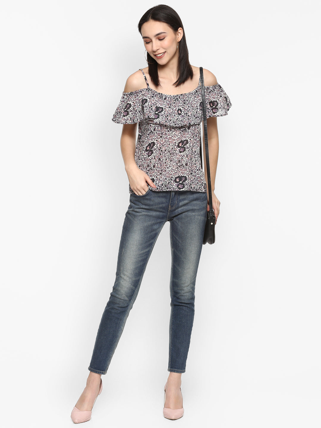 Porsorte Women Printed Floral Cold Shoulder Top